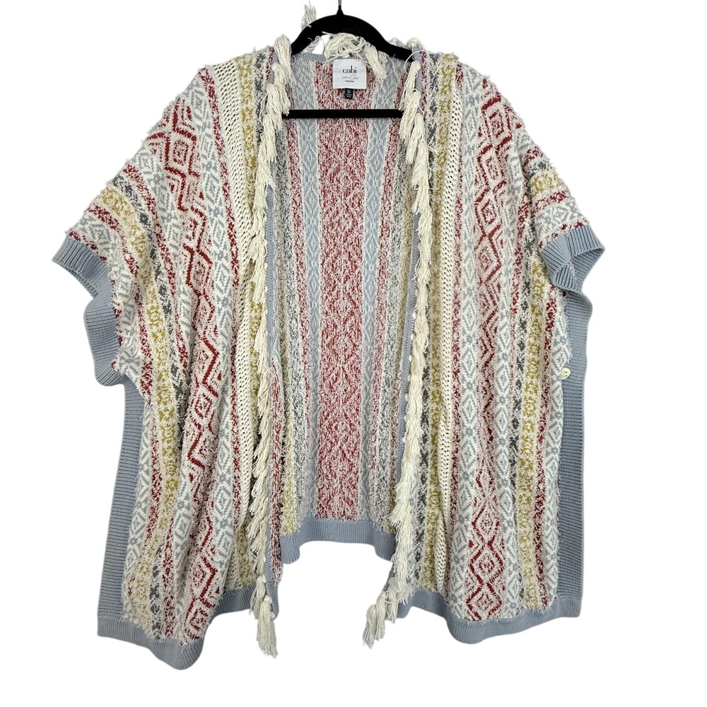 Cabi Cardigan‎ Women Extra Small Blue Geometric Fringe Kimono Wrap Sweater